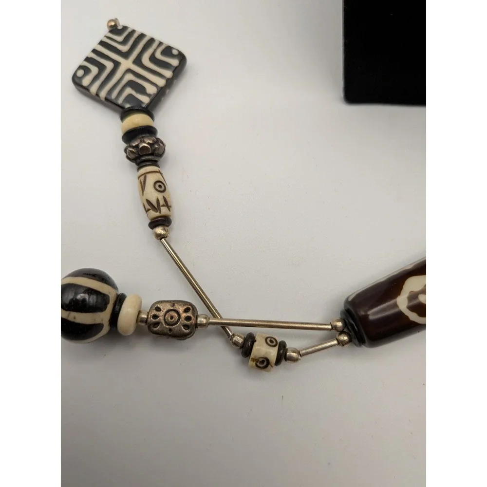 Kenya Batik Bone Bead Necklace Tribal Geometric Statement Black Cream Brown - Picture 8 of 10